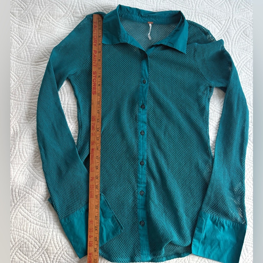 Free People Siggi Mesh Button-Up Shirt Crystal Teal Large - Picture 6 of 9